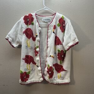 Victoria Harbour Sweater M Flamingo Retro 80s Granny Open‎ Button Up Beaded